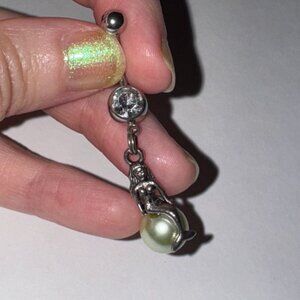 Mermaid on Green Pearl Dangle Belly Ring